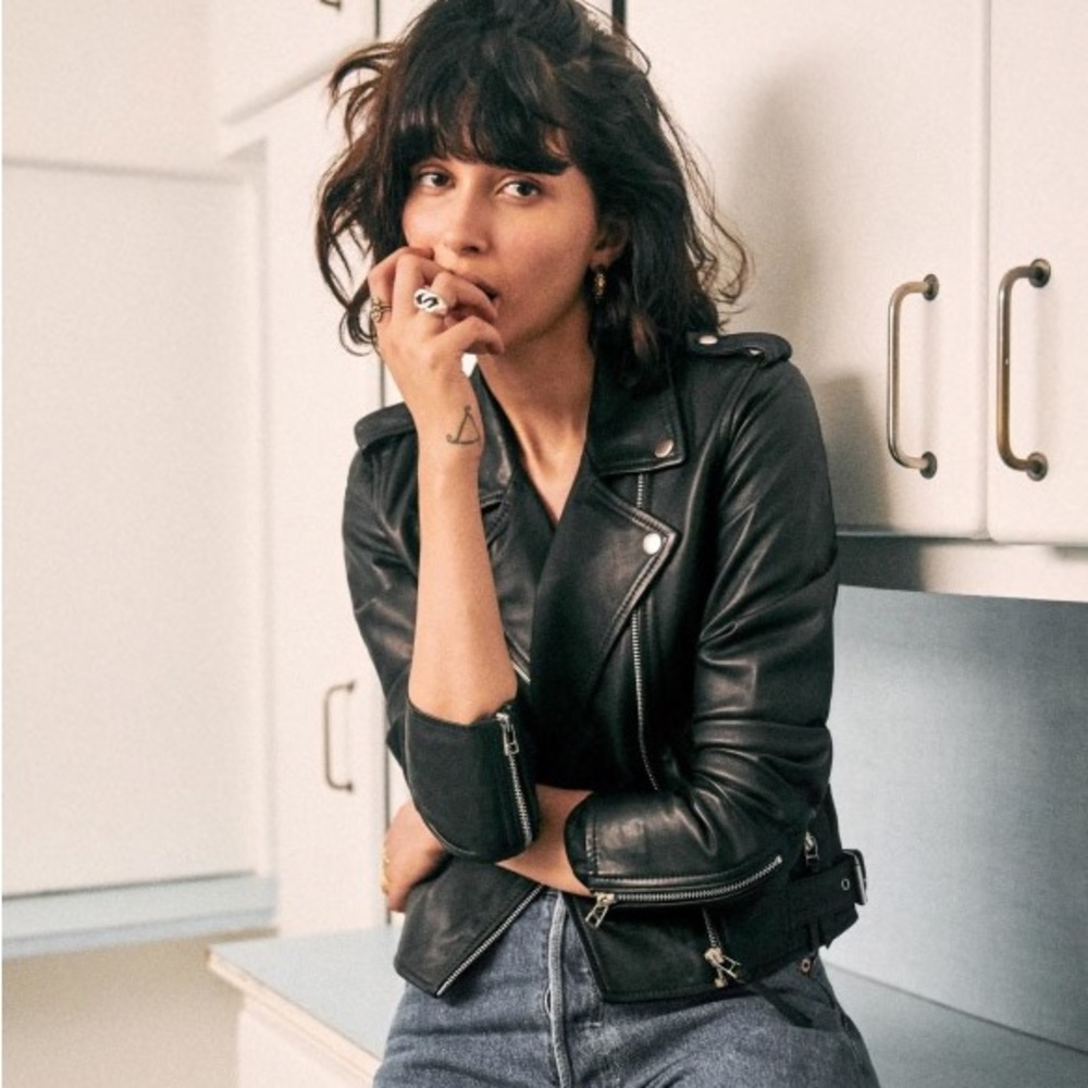 Sezane Black Leather Zig Biker Motorcycle Jacket